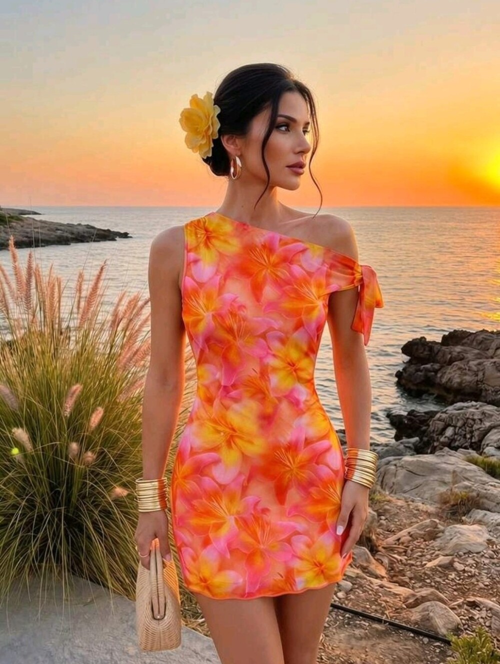 Firerie Floral Print Asymmetrical Shoulder Mesh Mini Dress